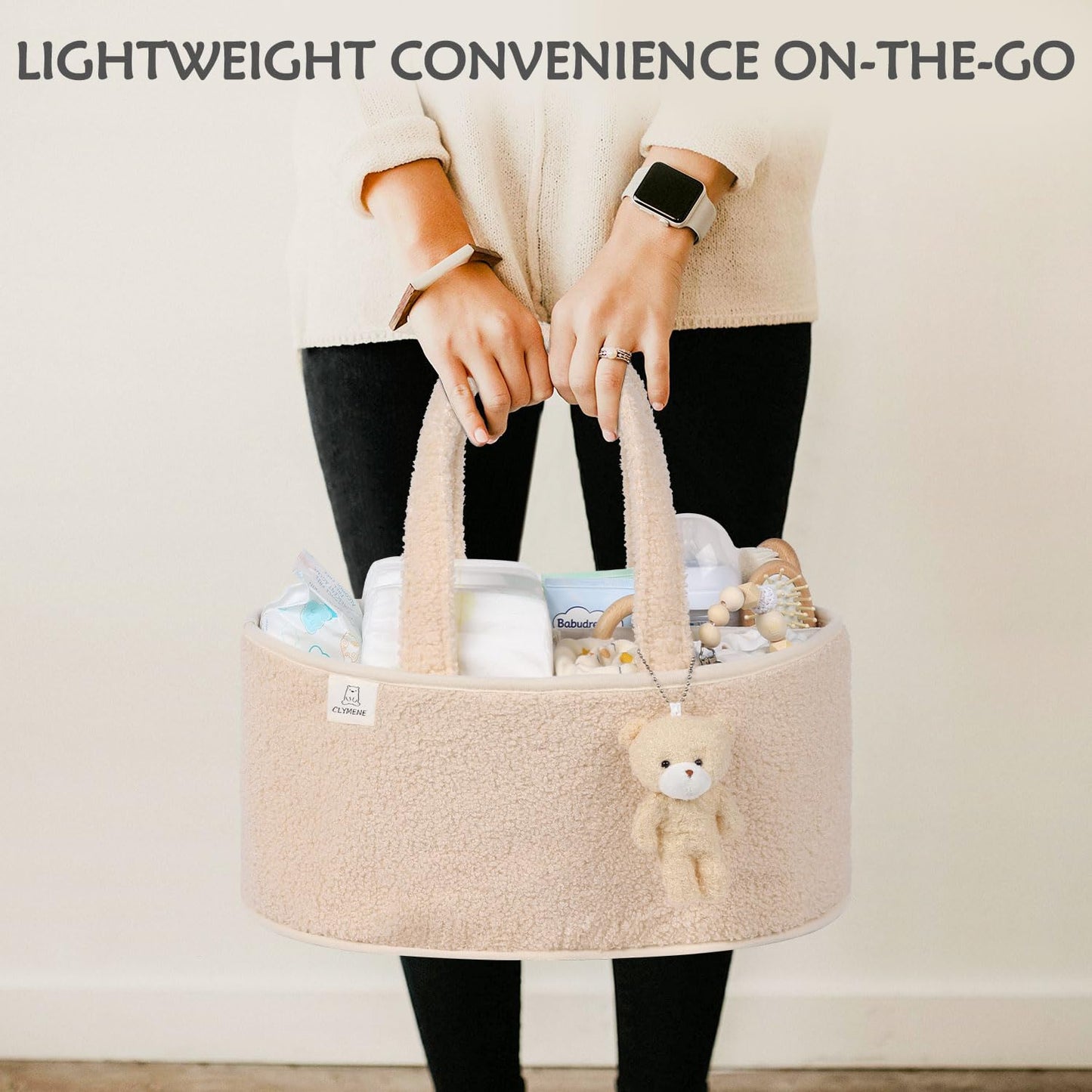 CLYMENE Baby Diaper Caddy Organizer, Nursery Storage Basket for Diapers and Wipes - Newborn Changing Table Essentials, Baby Gift Registry for Baby Shower - Diaper Tote Bag for Car Travel - Ivory