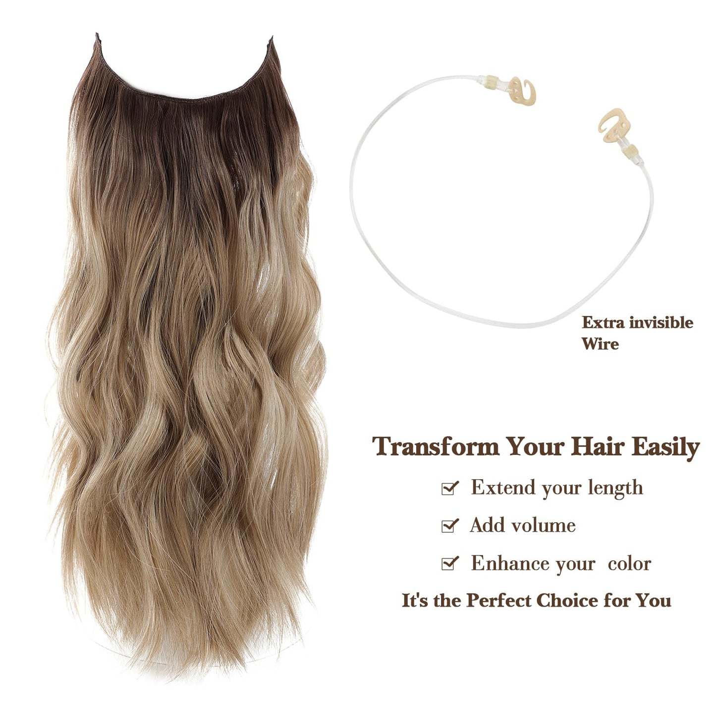 Ms TAj Halo Hair Extensions clip in hair extensions Natural Blonde with Dark Root 20 inch with Adjustable Size Removable Clips Invisible Secret Synthetic Hairpiece for Women