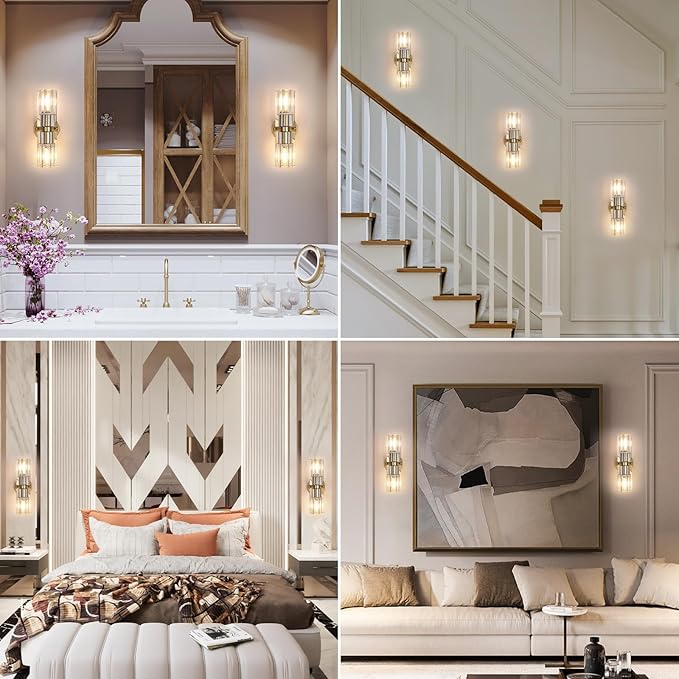 Gold Wall Sconce, Modern Bathroom Sconces Wall Lighting Vanity Light Fixtures with Clear Crystal, Hardwired Brushed Brass Wall Mount Lights for Living Room Corridor Mirror Bedroom Stairs