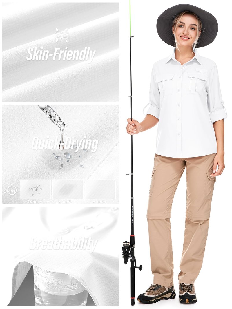 Toumett Women's UPF 50 Long Sleeve UV Sun Protection Safari Shirts Outdoor Quick Dry Fishing Hiking Travel Shirts(White01,M,5071)