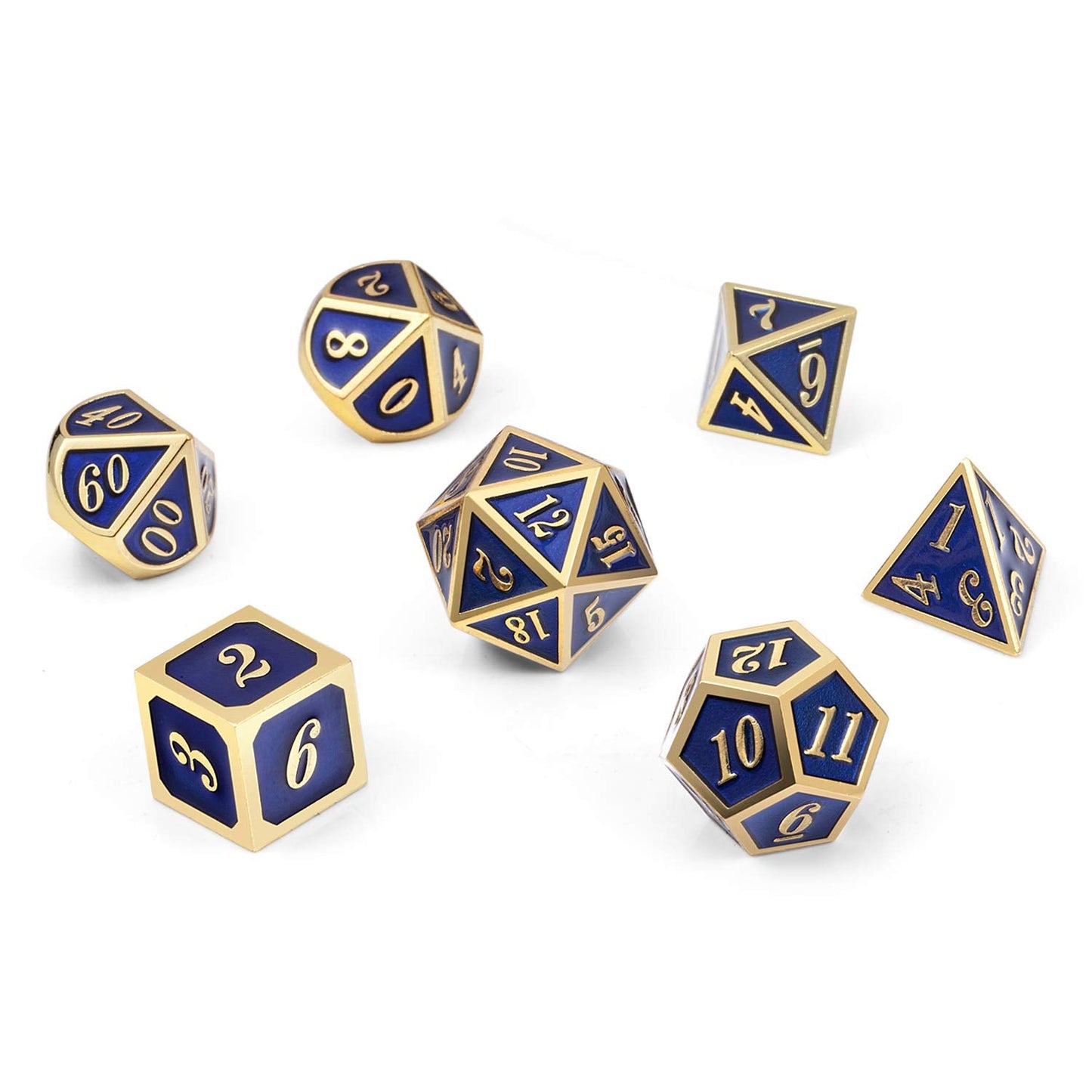 DnDnD Heavy Polyhedral Metal Dice Set with Metal Box, 7-die Shiny Blue Surface with Golden Number for RPG,Dungeons and Dragons,Pathfinder,Shadowrun,D&D,Role Palying Game and Math Teaching