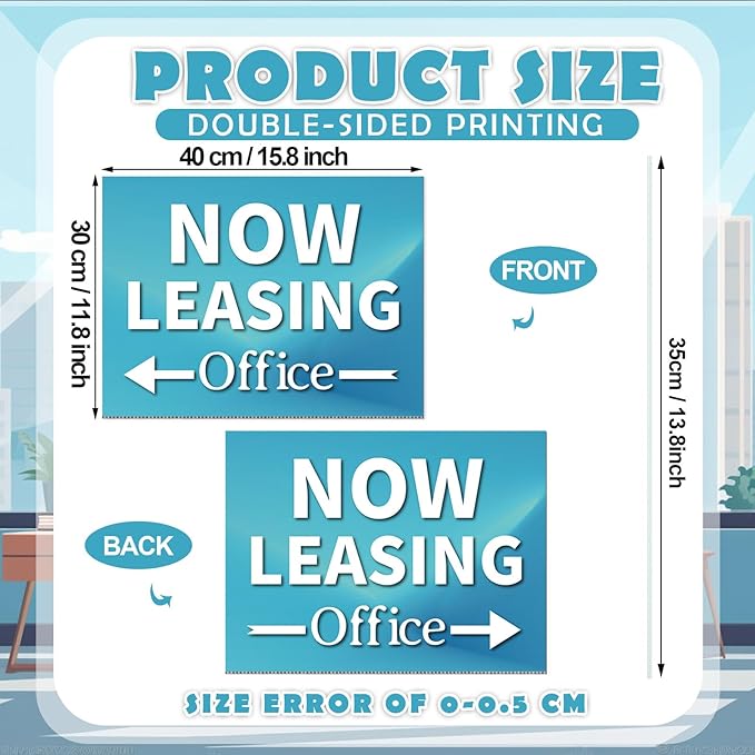 Ripeng 3 Pcs Leasing Double Sided Yard Signs with Arrow 16 x 12 Inch Yard Signs with Stakes for Outdoor Office Retail Store Restaurant Bar Hotel(Now Leasing Office)