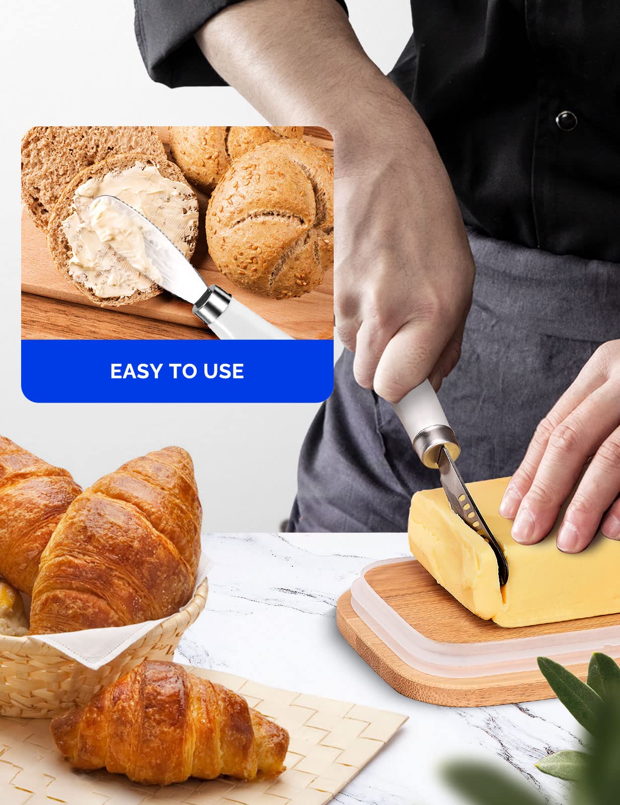 AISBUGUR 2 Pack Stainless Steel Butter Spreader Knife with Holes Multifunction Butter Knife with White Porcelain Handle, Cheese Butter Spreader Knives for Kitchen