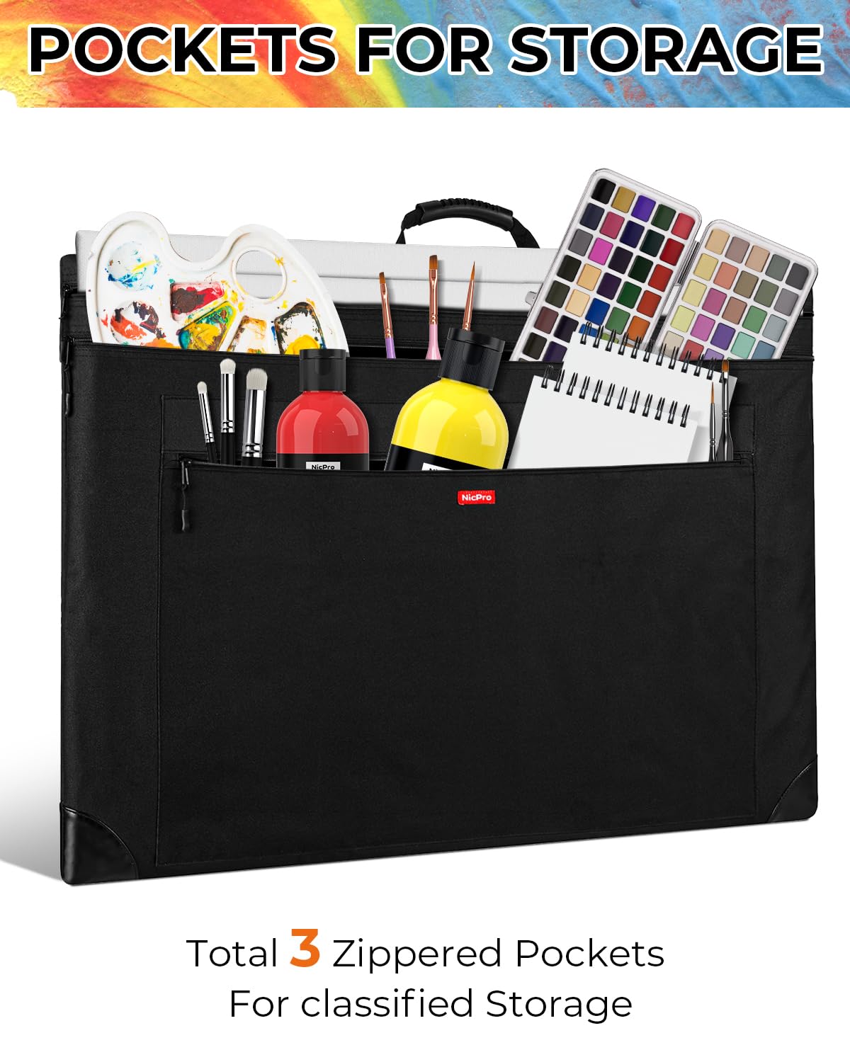 Nicpro Light Weight Art Portfolio Bag, 18x24 Black Art Canvas Portfolio Case with Detachable Shoulder Strap, Leather Corners, Carrying Storage Case for Artwork, Poster, Sketching, and Drawing