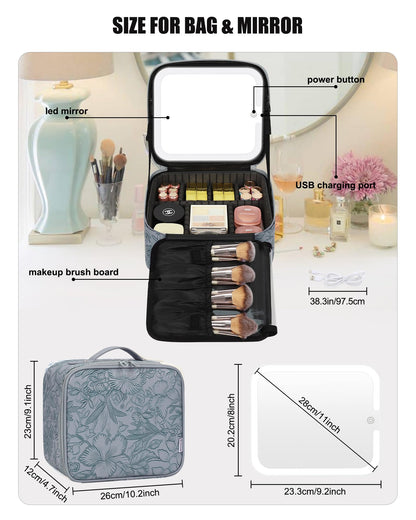 Relavel Travel Makeup Bag With LED Mirror, Cosmetic Train Case with Light up Mirror, Portable Makeup Artist Organizer Bag with Adjustable Dividers, Makeup Brush Holder Storage, Black