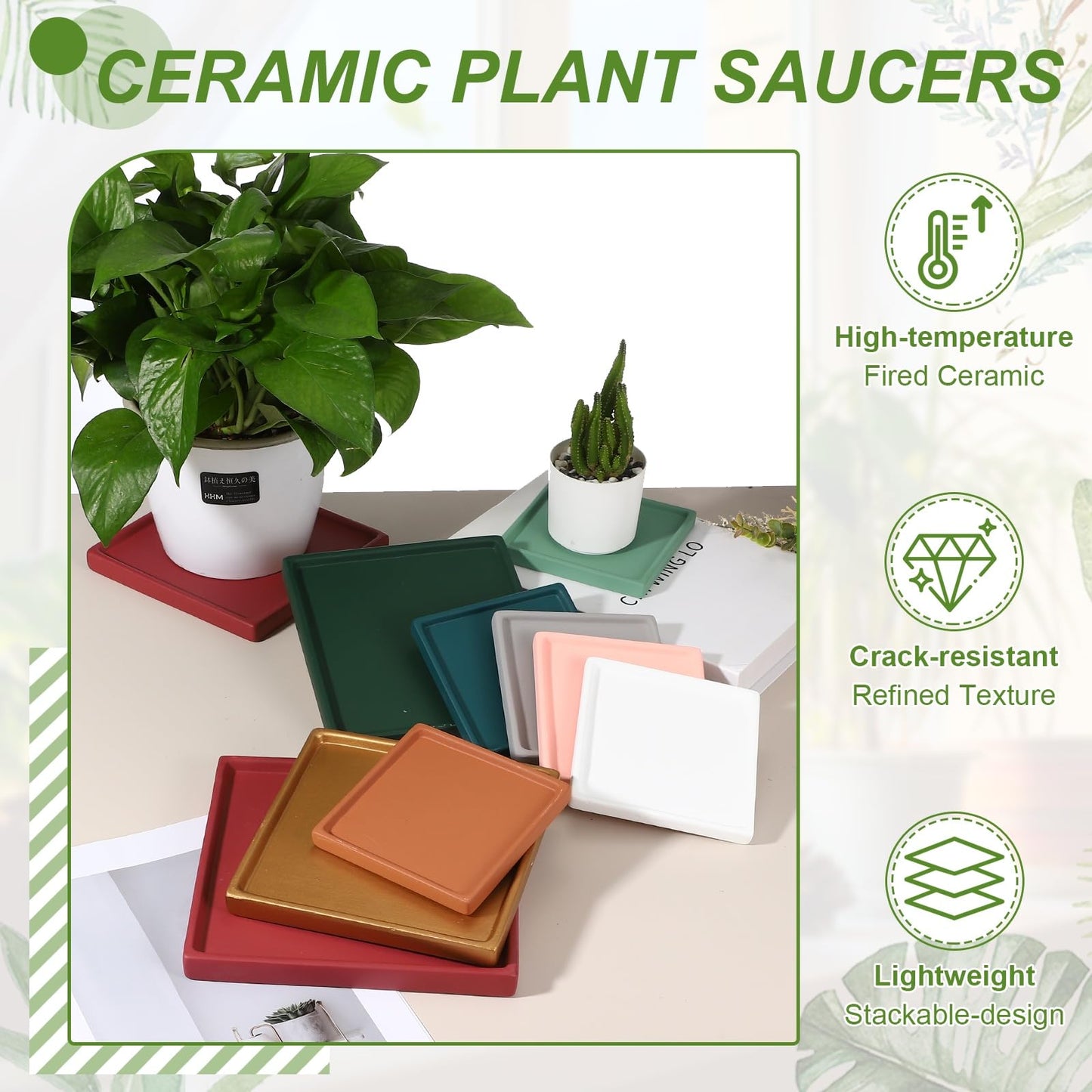 YELARXI 7.5 Inch Ceramic Plant Saucers, Square Flower Planter Water Trays Ceramic Plant Saucer Pot Tray -Fitting for (Outdoor/Indoors/Garden/Planting/Water/Flower/Coffee) Matte Black