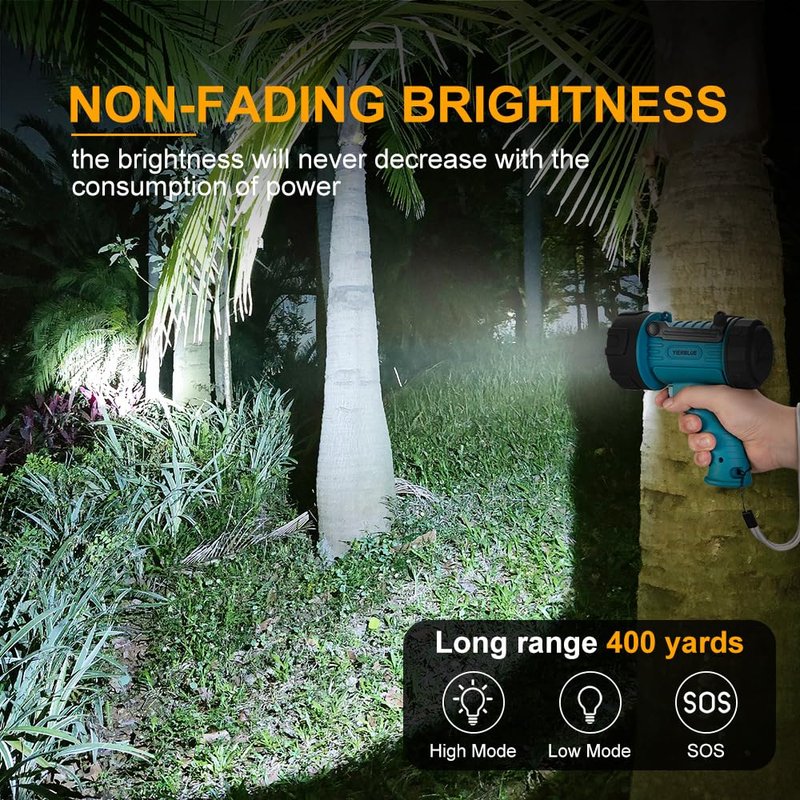 YIERBLUE Rechargeable Spotlight Flashlight IP67 Waterproof with 1000,000 Lumen LED, 12 Hours Long Running Spot Light, Impact Resistant Handheld Spotlight with Foldable Stand Red Lens