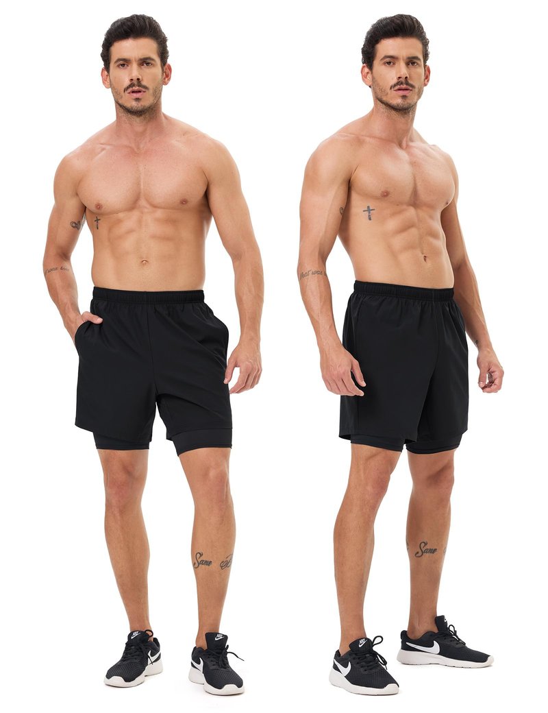 Naarts Men's 2 in 1 Athletic Running Shorts Quick Dry 5 Inch Lightweight Workout Gym Shorts with Liner and Pockets Black,Large