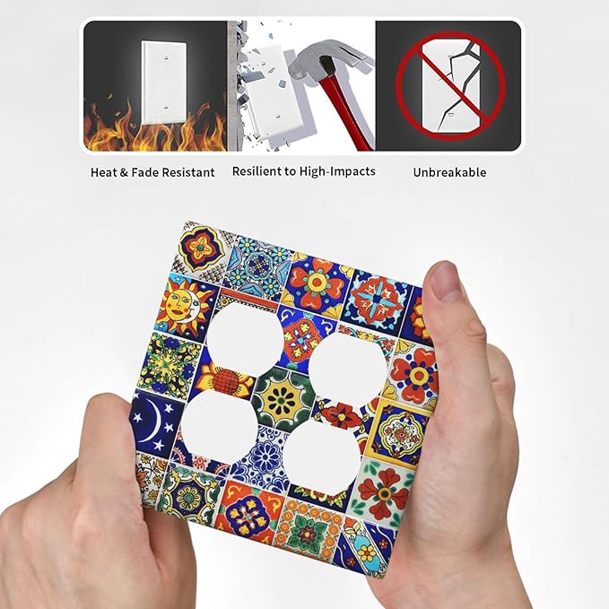 Decorative Light Switch Cover Plate Traditional Colorful Talavera Mexican Spanish Moroccan Tiles 2 Gang Socket Covers Double Duplex Wallplates Switch Plates and Outlet Covers for Kitchen Bathroom