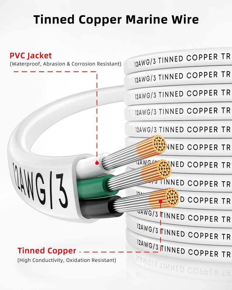 NAOEVO 12 Gauge Marine Wire, 12/3 Triplex Marine Electrical Cable, Waterproof/Insulated PVC/Oxygen-Free Tinned Copper 12 AWG Wire for Boat, Automotive, RV, Solar, LED, Trolling Motor (50FT)