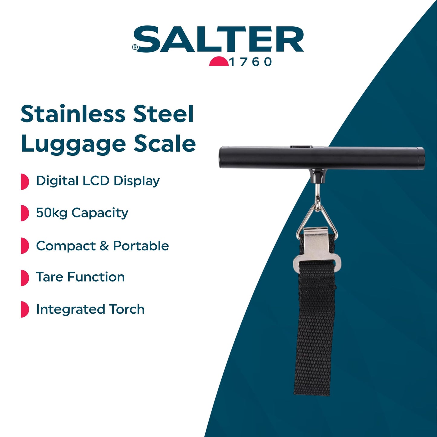 Salter SA00640BFEU12 Aluminium Luggage Scale – Digital Weight Scale for Travel, Compact Suitcase Weigher, 50kg Capacity, Easy Grip Handle, Tare Function, Portable, Save On Excess Baggage Charges
