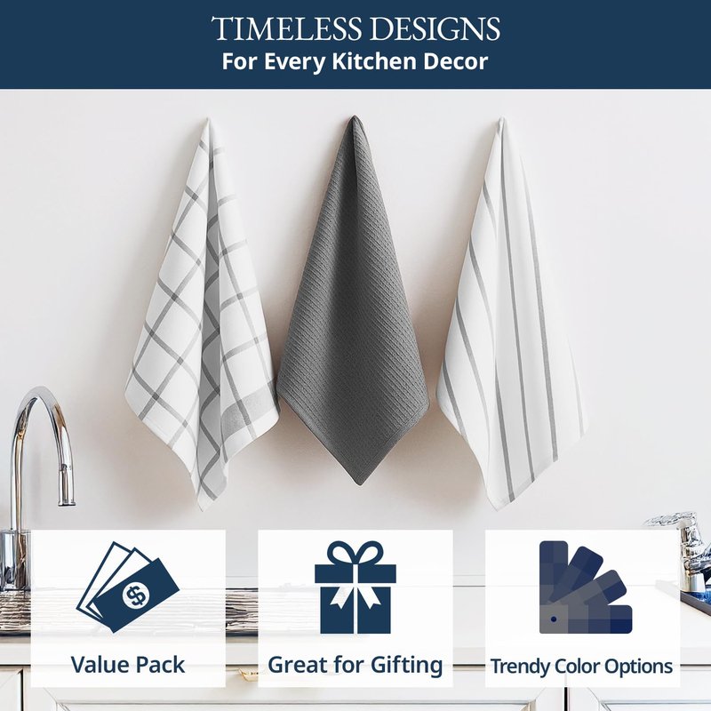 LANE LINEN Cotton Kitchen Towels and Dish Cloths Set, 6-Pack – Absorbent, Quick-Drying Dish Towel, 18" x 28", Soft, Premium Hand and Tea Towels - Grey