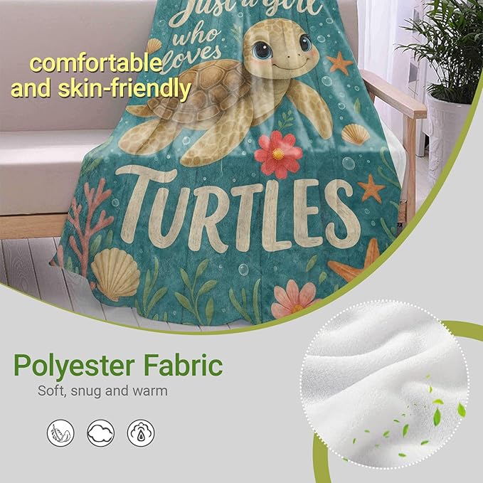 Cute Turtle Lightweight Throw Blanket, Cartoon Ocean Animal with Shell and Starfish, Warm Soft Cozy Flannel Blankets, Couch Dorm Home Decor All Season Use, 60x50in, Gifts for Girls Women