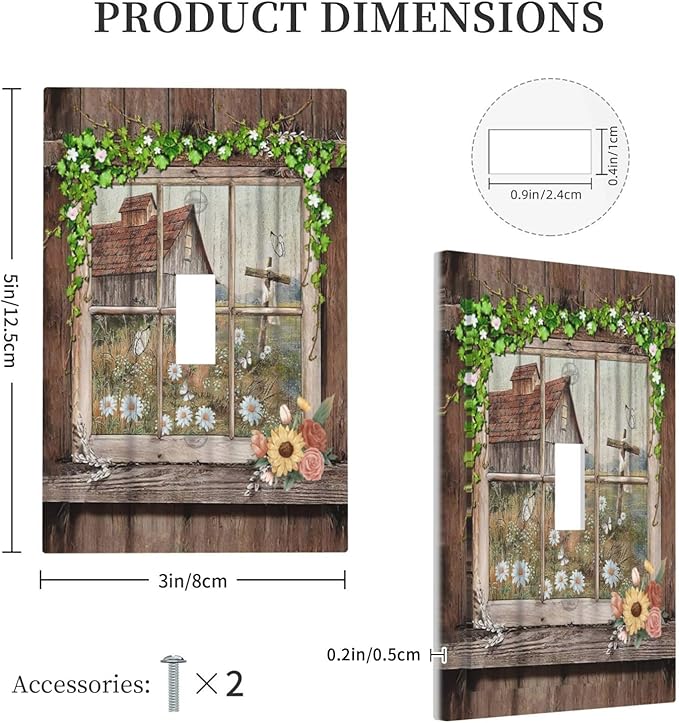Farm Barn Farmhouse Rustic Country Flower Single Toggle Light Switch Plates Cover Decorative 1 Gang Wall Plate Electrica Faceplate for Bathroom Bedroom Decorate Accessories