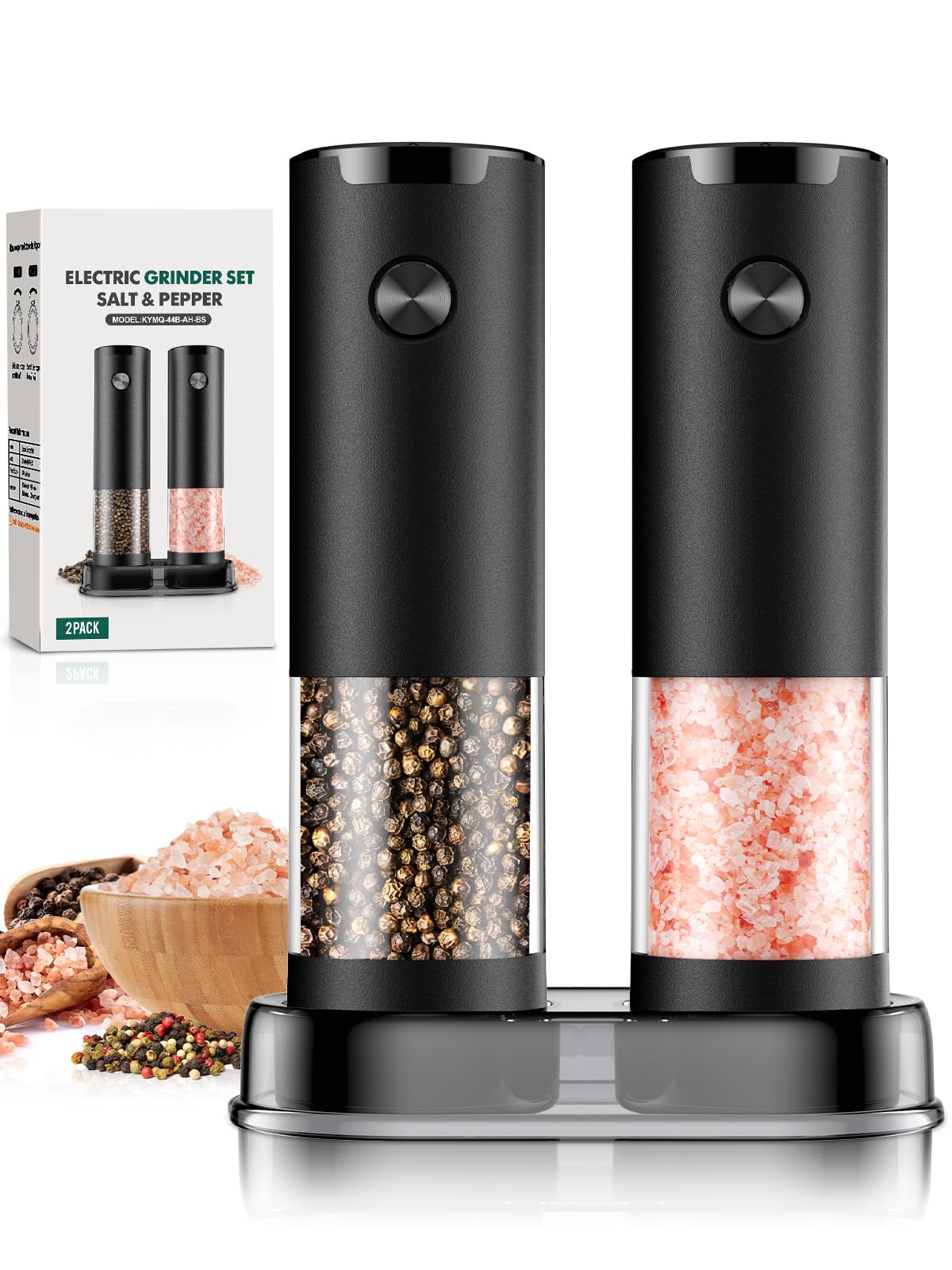 Electric Salt and Pepper Grinder Set Automatic Battery Pepper Mill Shakers Adjustable Coarseness Easy Filling Upgraded Larger Capacity with Led Kitchen Appliances (2 Pack Black/Black）