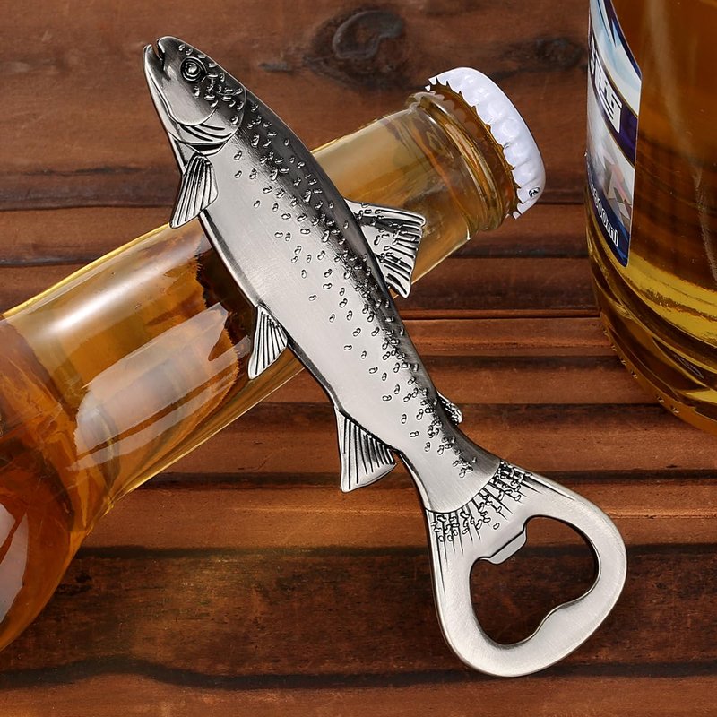 MR.BARWARE Trout Beer Bottle Opener – Fishing Gift for Men, Dad, Grandpa – Silver Fish Shaped Bar Tool with Gift Bag – Perfect for Fathers Day, Birthday, Christmas, Camping