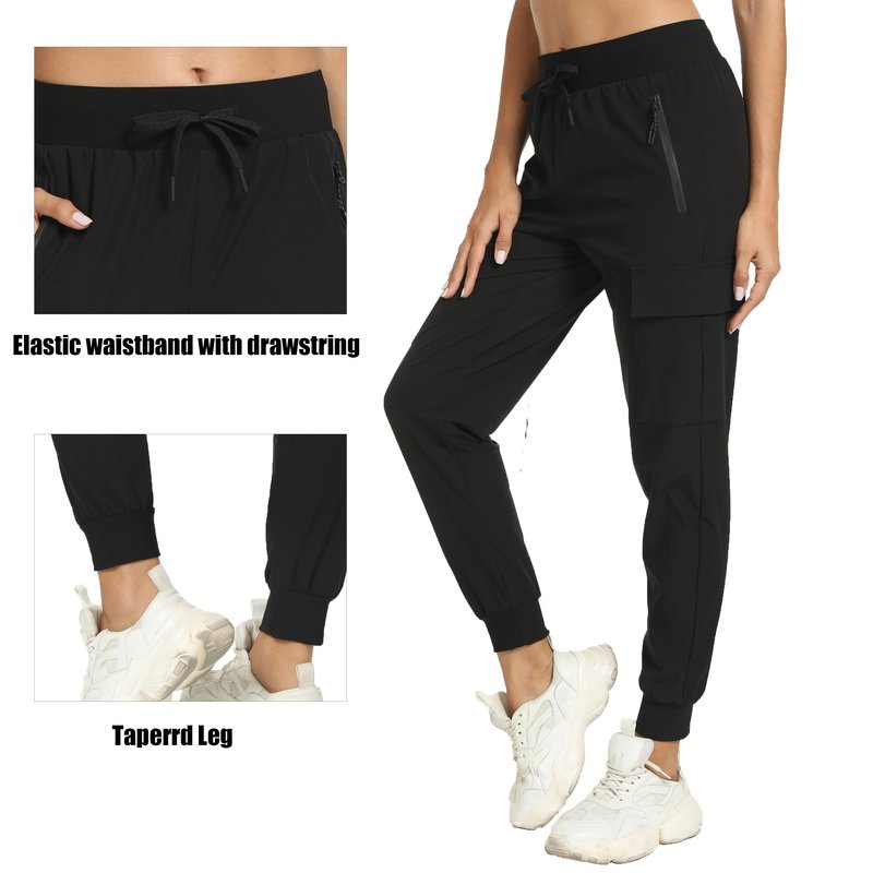 Women's Joggers with Pockets Lightweight - Water Resistant Quick Dry Cargo Athletic Pants for Hiking Running Camping Travel (Black, Medium)