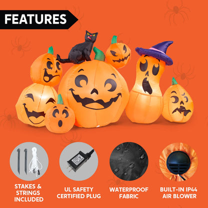 Joiedomi 6 FT Long Halloween Inflatable Outdoor Decorations, Pumpkin Blow Up Yard Decorations, 7 Pcs Inflatable Pumpkin for Outside with Witch's Cat with Build-in LEDs for Halloween Decor