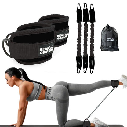 BEAR GRIP Resistance Bands with Ankle Straps – Glute & Leg Workout Equipment, Booty Bands for Women, Exercise Band for Kickbacks, Hip Thrusts & Home Gym Fitness Equipment (Black, Cables)