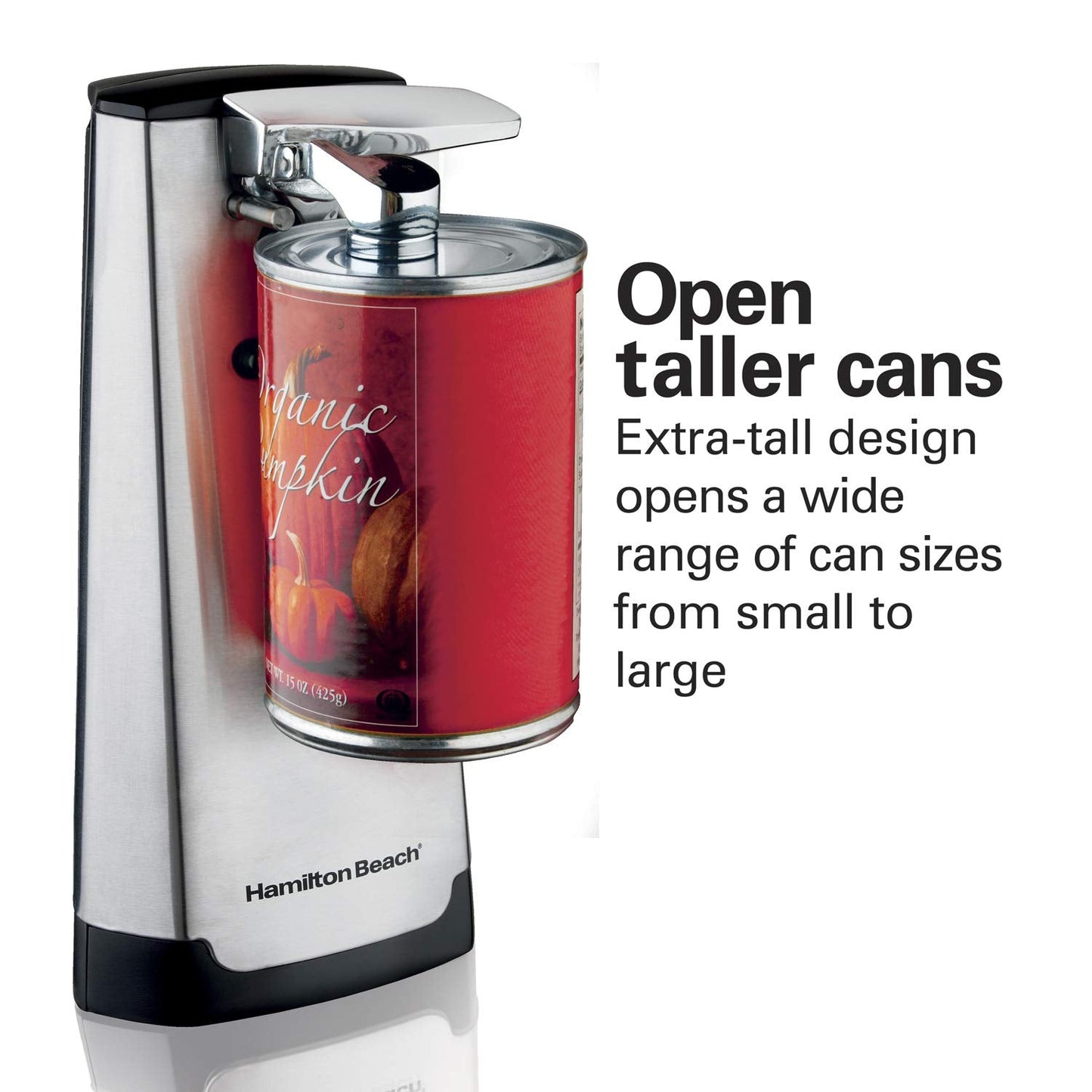 Hamilton Beach Extra-Tall Electric Automatic Can Opener with Easy-Clean Detachable Cutting Lever, Cord Storage, Knife Sharpener, Brushed Stainless Steel (76700)