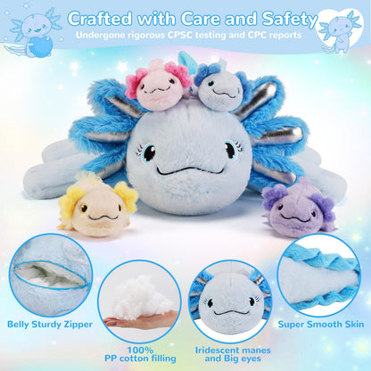gnomantic 5 Pieces Axolotl Stuffed Animals with Babies Inside Belly - 1 Mommy Stuffed Axolotl with 4 Babies - Blue Axolotls Plush Toy for Kid Age 3-8, Gift Ideal for Christmas, Valentine's, Birthday