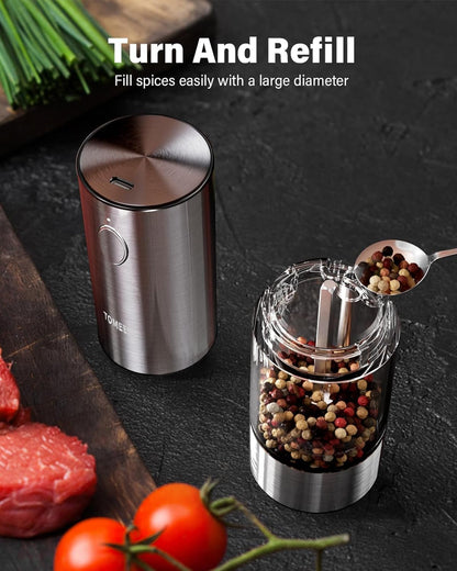 TOMEEM Electric Salt and Pepper Grinder Set, USB Rechargeable Salt and Pepper Grinder Set| Made of Stainless Steel | Adjustable Ceramic Grinder | LED Light