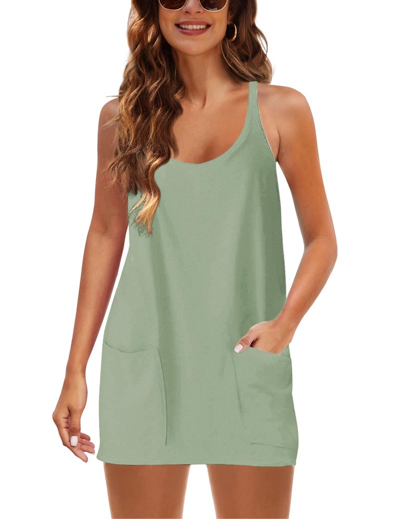 Lentta Womens Athletic Sleeveless Mini Dress with Built-in Shorts V Neck Spaghetti Strap Sundress(PeaGreen-XS)