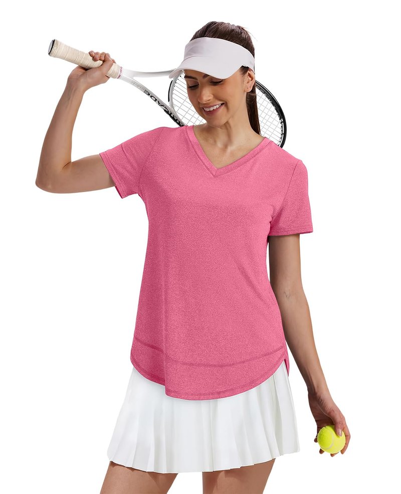Workout Tops for Women Spring Summer Short Sleeve Golf Outfits Gym Essentials Activewear Running Shirts V Neck Red Pink S