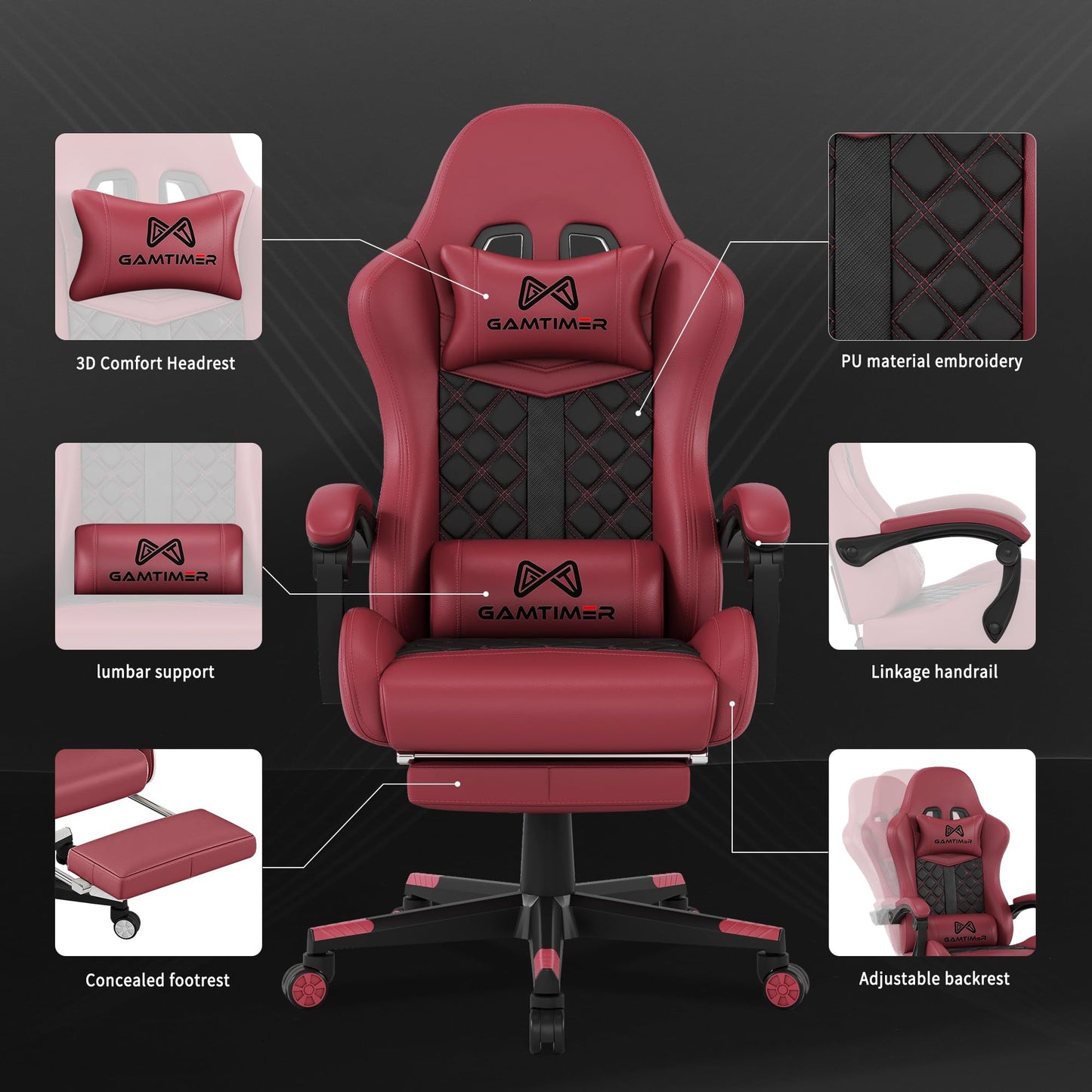 Gamtimer Gaming Chair,Computer Chair with Footrest and Lumbar Support,Breathable PU Leather,4D Lumbar Support and Headrest,360 Degree Swivel Chair with Adjustable Ergonomic Backrest for Adults(Red)
