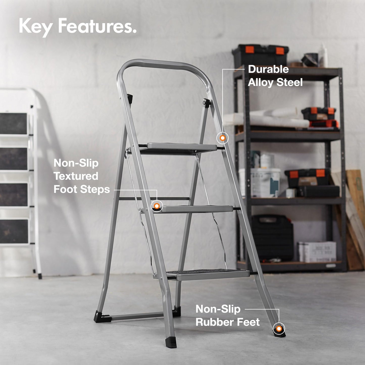 VonHaus 3 Step Ladder – Premium Quality Folding Step Ladder for DIY and Gardening - Anti Slip Feet, Easy to Store Ladder, 150KG Max Capacity - Durable Steel