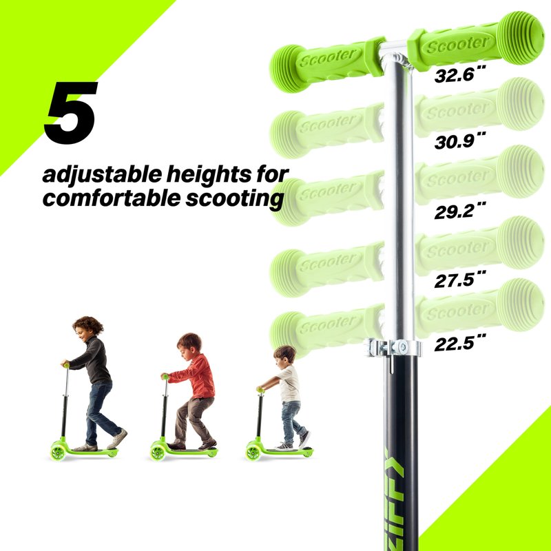 JOVA ZIFFY 3 Wheel Scooter for Kids 3-5, Toddler Kick Scooters with LED Light-Up Wheels for Boys and Girls, 5 Adjustable Height and Lean-to-Steer Design, Support up to 110 lbs, Green