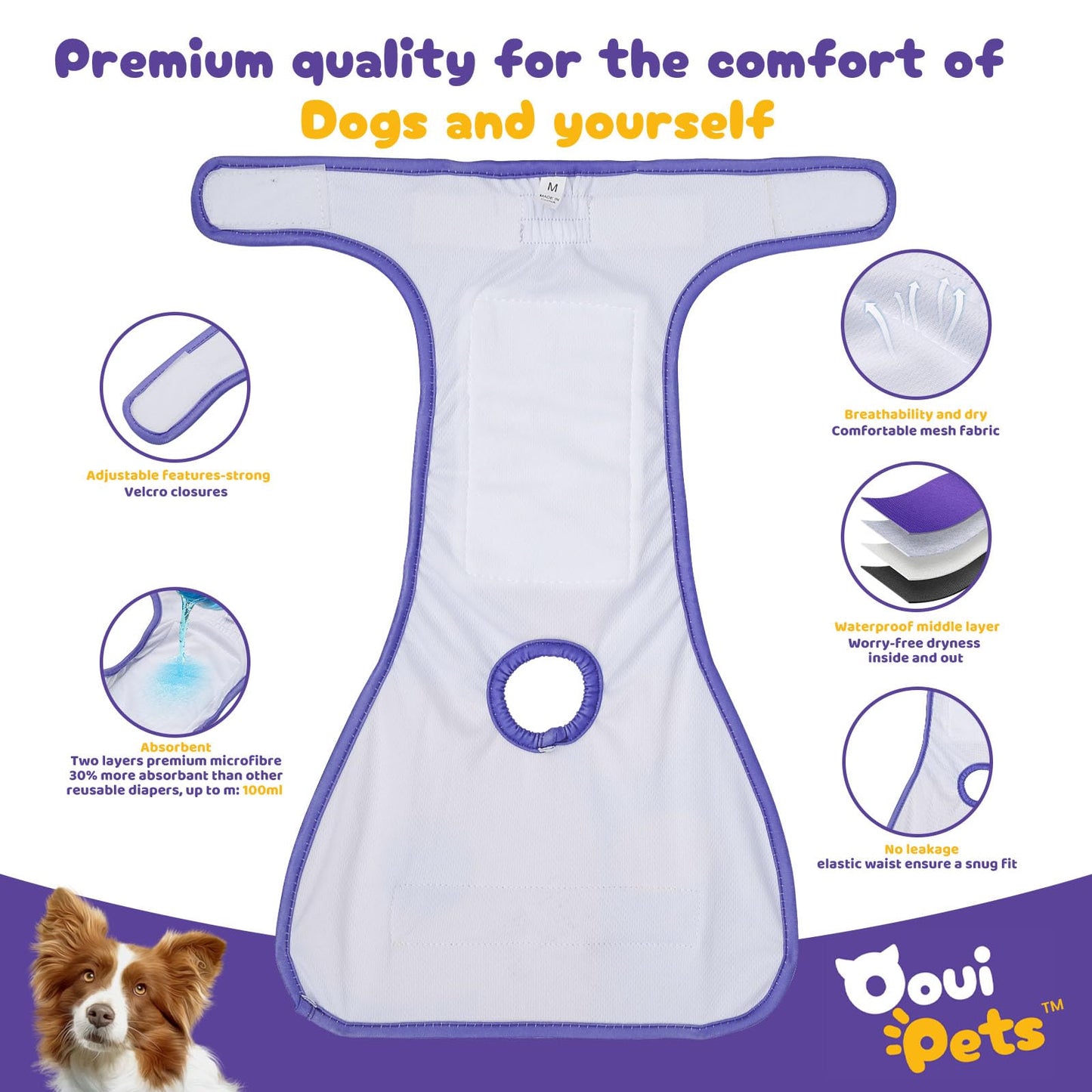 Ooui Pets 3-Pack Resuable Dog nappies female and male | Highly Absorbent Dog period pants, Adjustable, Eco-Friendly | Washable Dog Diapers Female, Chic & Incontinence Solution (Size M)