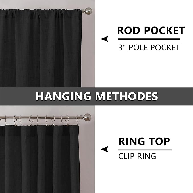 Tollpiz Short Linen Curtain Bedroom Rod Pocket Semi Sheer Curtains Burlap Light Filtering Thick Linen Drape for Living Room, 38 x 54 inches Long, Black, Set of 2 Panels