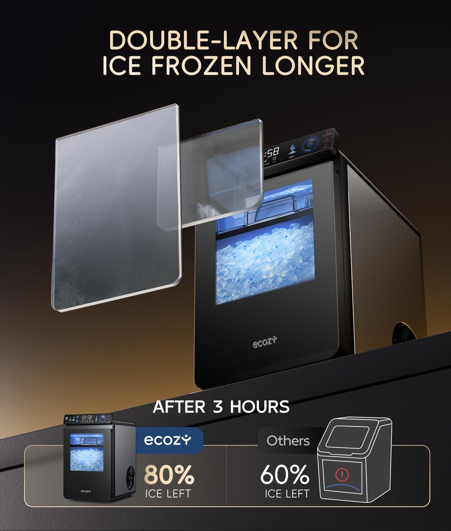 ecozy Nugget Ice Maker Countertop, Smart Pebble Ice Machine with APP Control, 44 lbs Per Day Soft Pellet Chewable Ice with Self-Cleaning, Stainless Steel