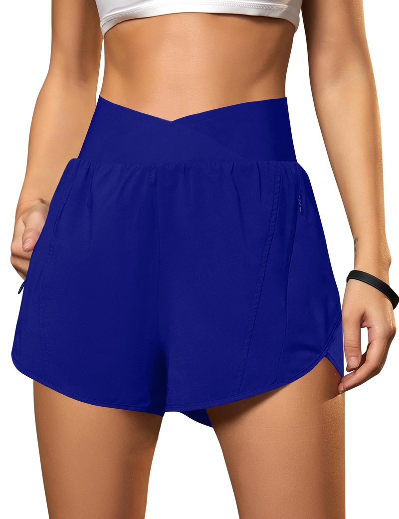 Blooming Jelly Women's Workout Shorts Athletic Running Cross V Cut Waist Work Out Preppy Shorts with Zipper Pockets (Royal Blue,X-Large)