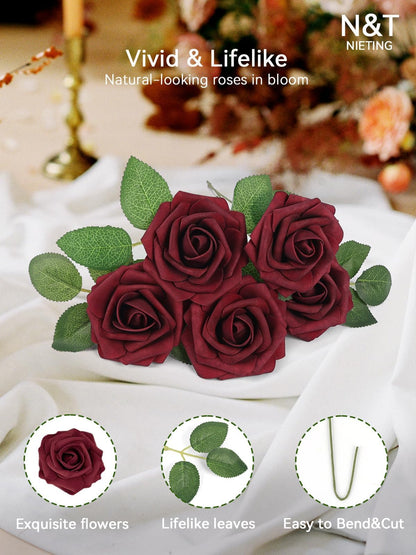 N&T NIETING Artificial Flowers Roses, 25Pcs Red Foam Roses Real Touch Roses with Stems Fake Flowers for Wedding Bridal Bouquets Centerpieces Floral Arrangement Party Home Decoration, Dark Red