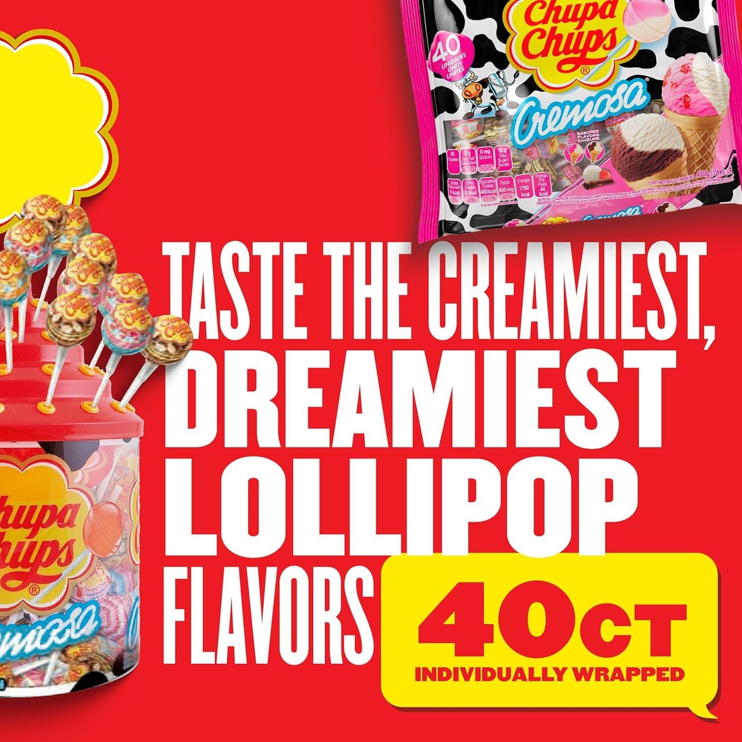 Chupa Chups Cremosa Lollipop Assortment, 2 Ice Cream Flavors, Individually Wrapped Candy for Kids, 16.9 Oz Bag (40 Suckers)