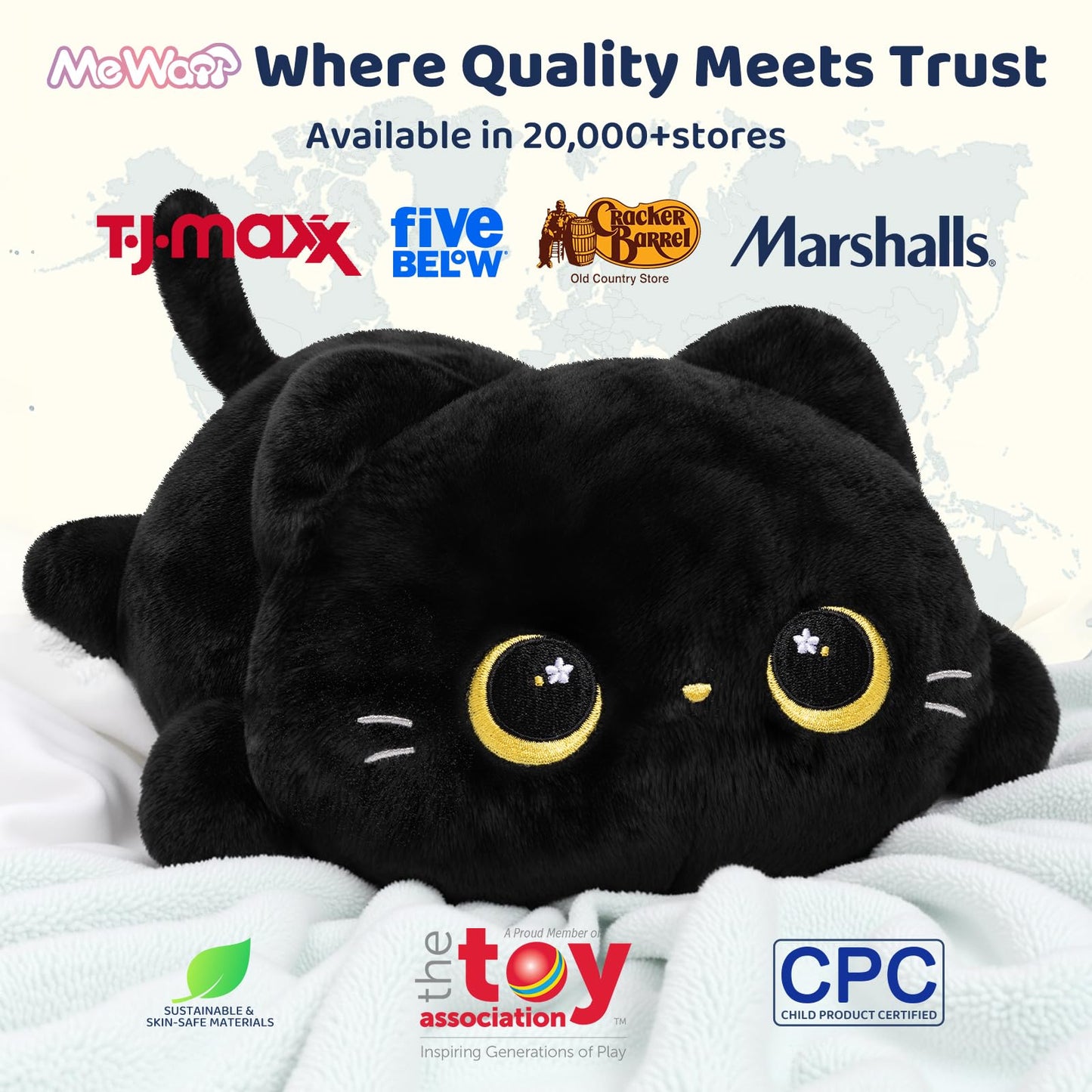 Mewaii Black Cat Plush Pillow - Cute Cat Plushie Body Pillow, Soft Kawaii Plush Toy for Cuddling, Napping & Room Decor - 13 Inch Stuffed Animal Gifts for Women, Girls, Kids