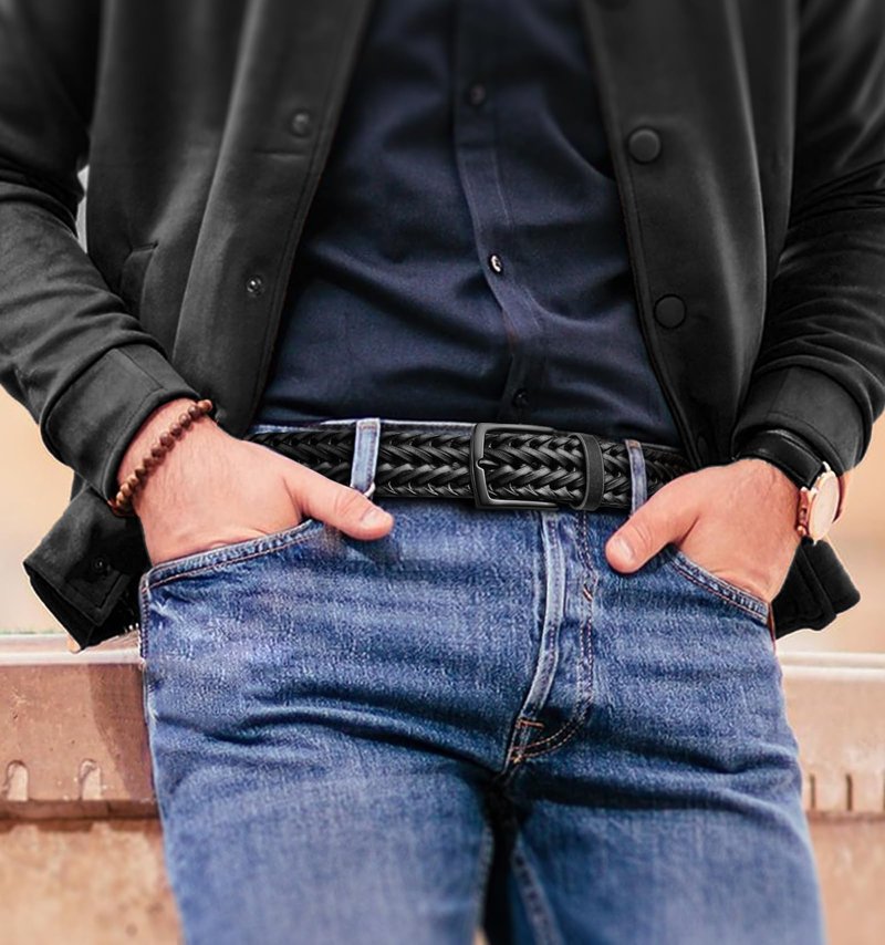 KEMISANT Men Belt, Braided Belt Comfortable For Men Casual Jean Golf 1 3/8"(Black,30"-34" Waist Adjustable)