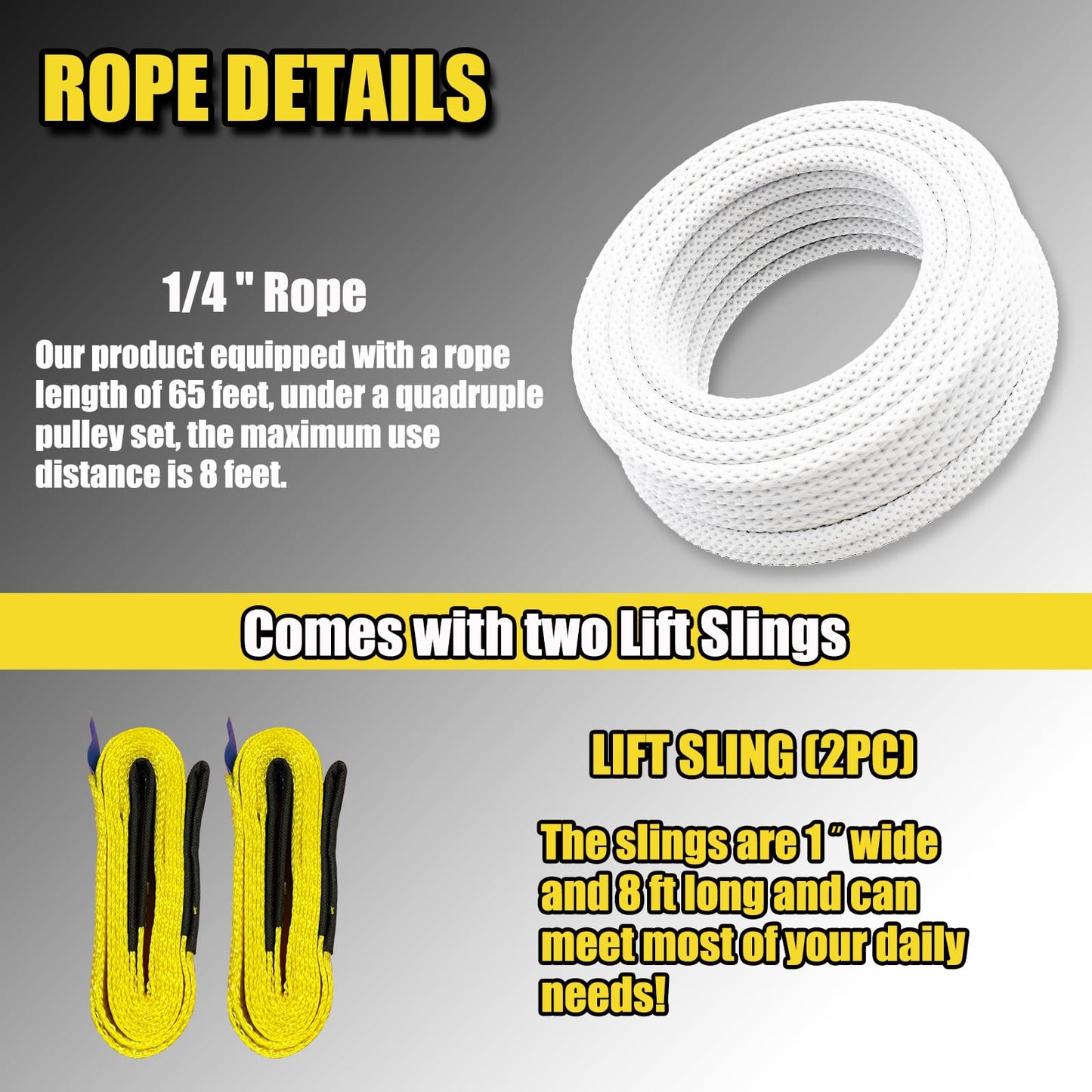 FITHOIST Block and Tackle 4400LBS Breaking Strength Heavy Duty Pulley, 65 Ft Rope Pulley, 7:1 Lifting Power Pulley System, Pulley Hoist with 2 Pcs 8 Ft Lift Sling