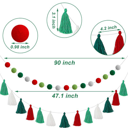 Syhood 4 Pcs Christmas Pom Pom Tassel Garland Felt Pompom Ball Banner Christmas Tassel Garland for Xmas Tree Hanging Decorations Holiday Party Supplies Home Decor(Red Green White)