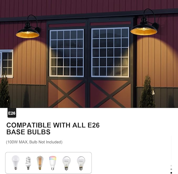 Outdoor Barn Light Fixtures, 16 Inch Large Dome Farmhouse Exterior Wall Mount Lights, Rustic Gooseneck Wall Sconces Indoor Wall Lighting, Industrial Black Gold Lanterns for Porch, Garage, 2 Pack