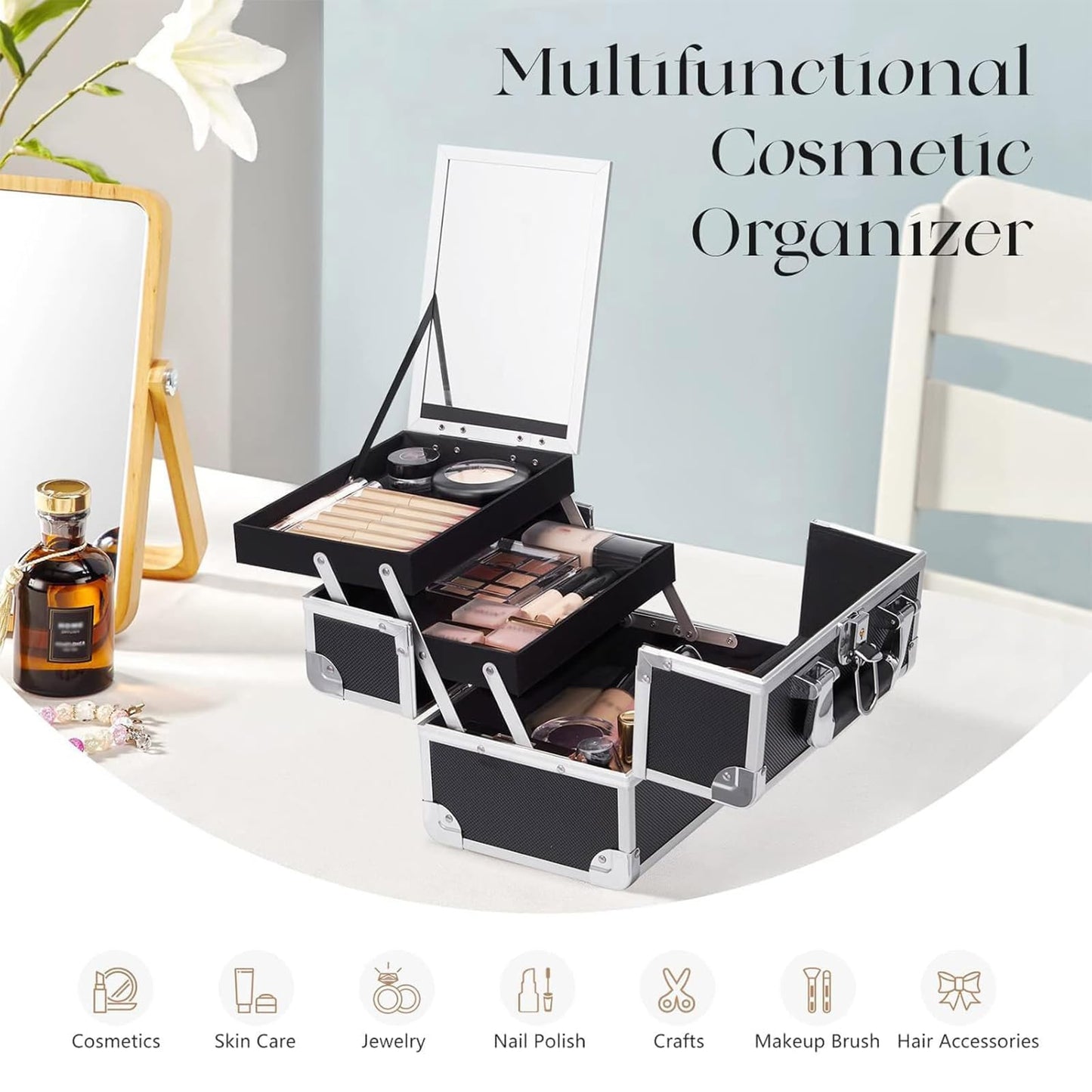 Frenessa Cosmetic Case Makeup Organiser Box Beauty Storage Make Up Case Vanity Box with Mirror Lockable with Keys, Black