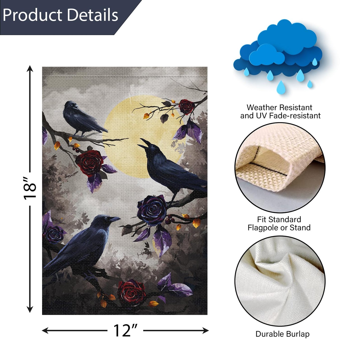 Louise Maelys Halloween Crow Garden Flag 12x18 Double Sided, Burlap Small Welcome Boo Halloween Floral House Flags Seasonal Holiday Outdoor Outside Decor (ONLY FLAG)