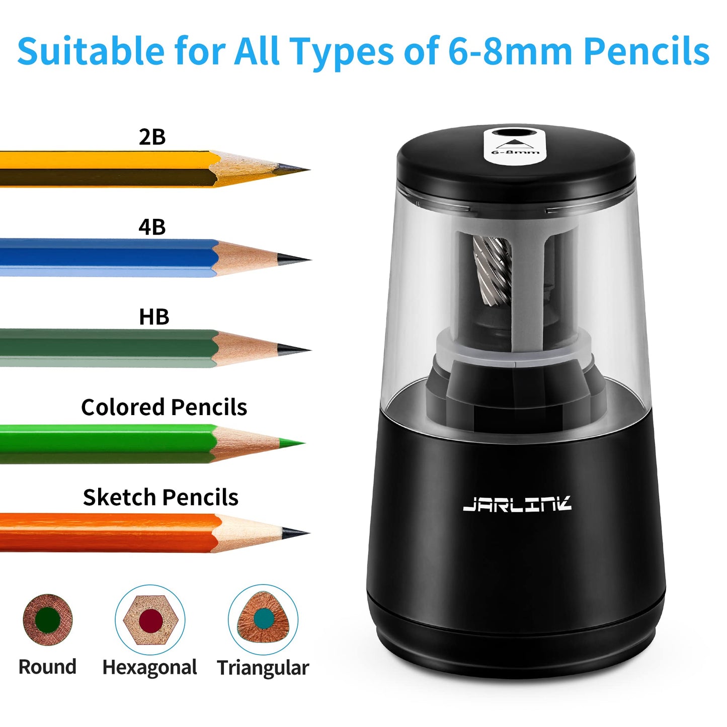 JARLINK Electric Pencil Sharpener, Heavy-Duty Helical Blade to Fast Sharpen, Auto Stop for No.2/Colored Pencils(6-8mm), AC Adapter/Battery Operated in School Classroom/Office/Home (Black)