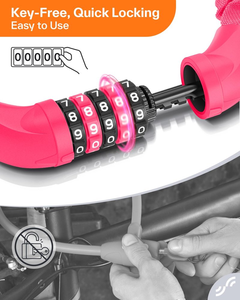 Sportneer Bike Lock: 5 Digit Combination High Security Anti Theft Bike Chain Lock - 3.2/3.6/4ft Heavy Duty Resettable Keyless Bicycle Lock for Bike, Motorcycle, Scooter, Door - 6mm Thick Rose Red