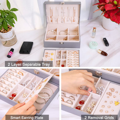 Voova Jewellery Box Organiser for Women Girls, 2 Layers Large Jewelry Storage Case, PU Leather jewlerrying Display Holder with Removable Tray for Necklace Earrings Rings Bracelets, Grey