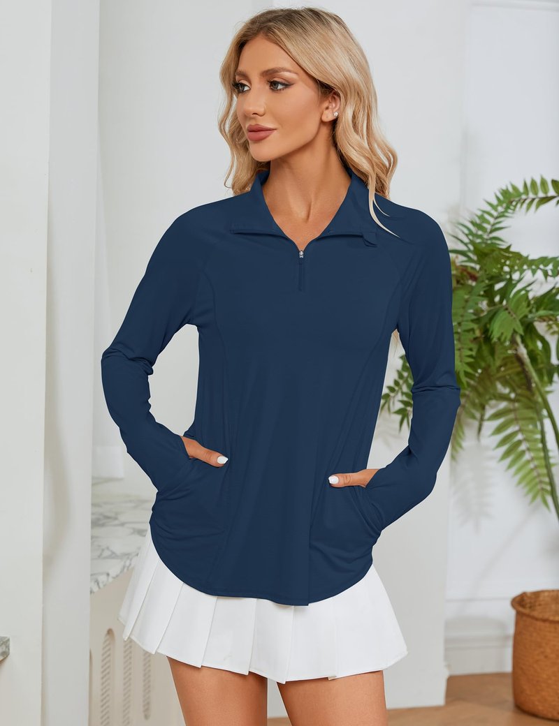LOMON Women Long Sleeve Shirts Sun Protection 1/4 Zip Summer Quick Dry Hiking Shirts Hiking Shirts Women Quick Dry（Navy Blue,M）