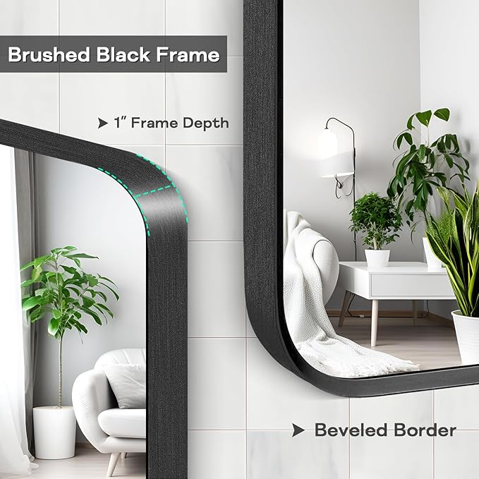 Wall Mount Mirror for Bathroom, Brushed Black Metal Framed Rounded Corner Square Rectangular Vanity Mirror (30" x 30", Black)