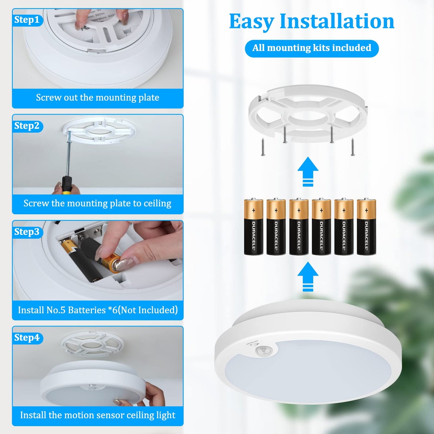 2-Pack Motion Sensor LED Ceiling Light Battery Operated, 7.2inch Flush Mount Light Fixture 6000K, Wireless Motion Activated Ceiling Lamp in 300LM for Closet Pantry Laundry Stair(Battery Not Included)